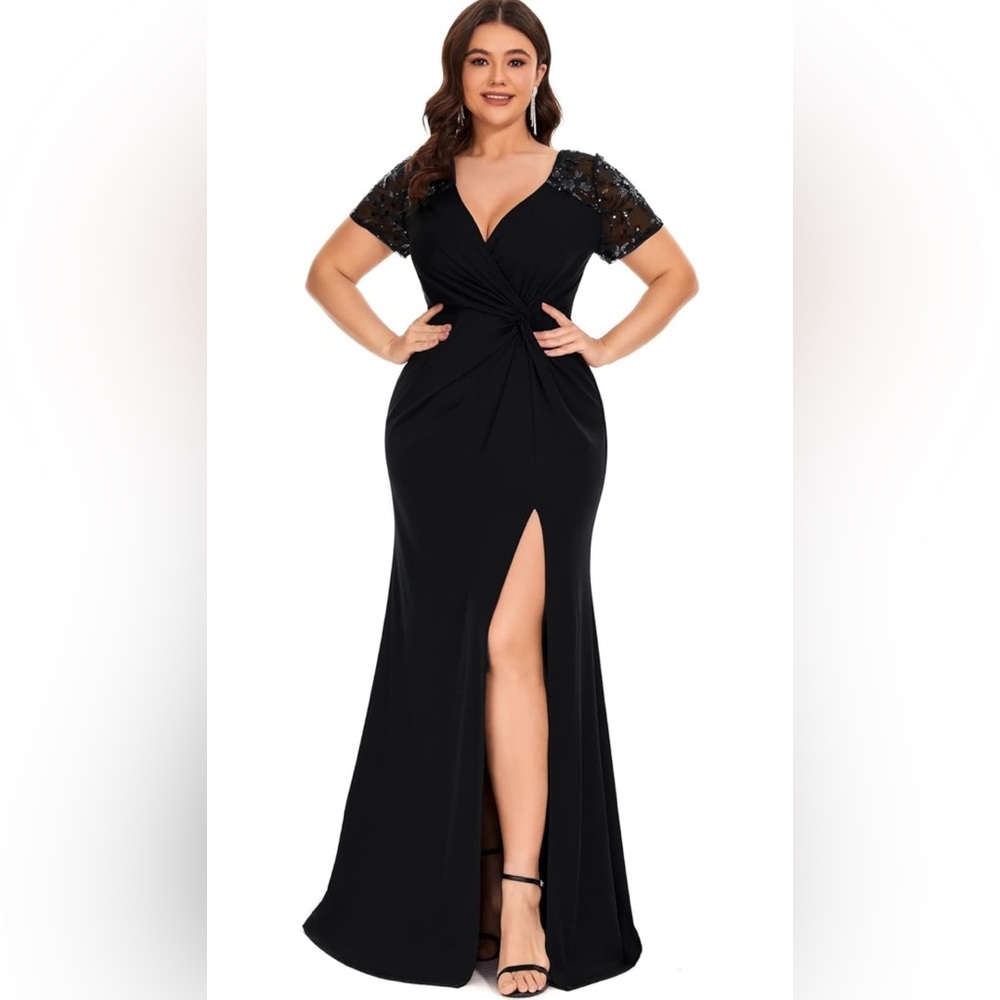 Ever-Pretty Plus Size Double V-Neck Ruched Bust Short Sleeve Sequin Maxi Formal